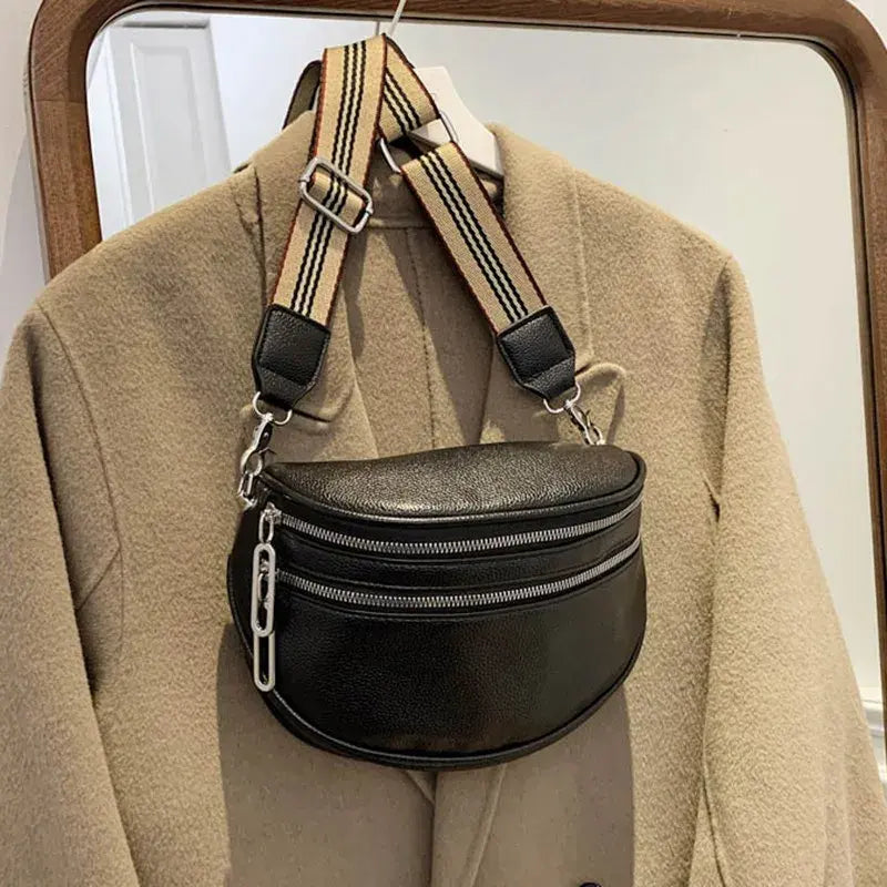Black Grain Dual-Zip Striped Strap Semicircular Crossbody Waist Bag