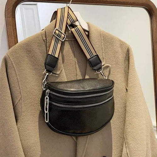 Black Grain Dual-Zip Striped Strap Semicircular Crossbody Waist Bag