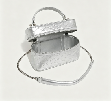 Metallic Silver Quilted Chain Zipper Mini Box Crossbody Case